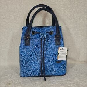 Tooled Blue Floral Leather Drawstring Bucket Bag
